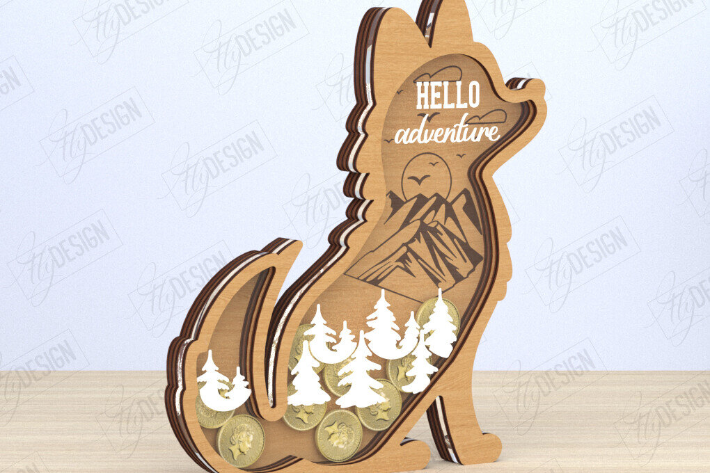 Σετ των 2 Intra απο ξύλο plywood 3mm-4mm πάχος – Κοπή λέιζερ Piggy Bank | Σχήμα Λύκου Δίασταση  20x20 cm INTRAFABR-119899457