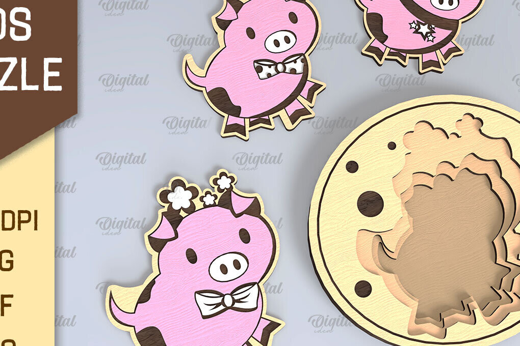 Σετ των 3 Intra απο ξύλο plywood 3mm-4mm πάχος –  κοπής λέιζερ γουρουνιών Family Puzzle Δίασταση  20x20 cm INTRAFABR-108371299