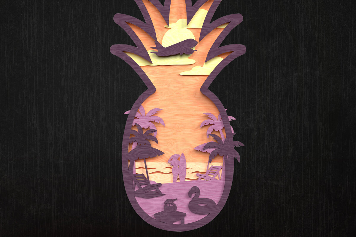 Σετ των 2 Intra απο ξύλο plywood 3mm-4mm πάχος – Pineapple Beach Scene Layered Δίασταση  20x20 cm INTRAFABR-120349842