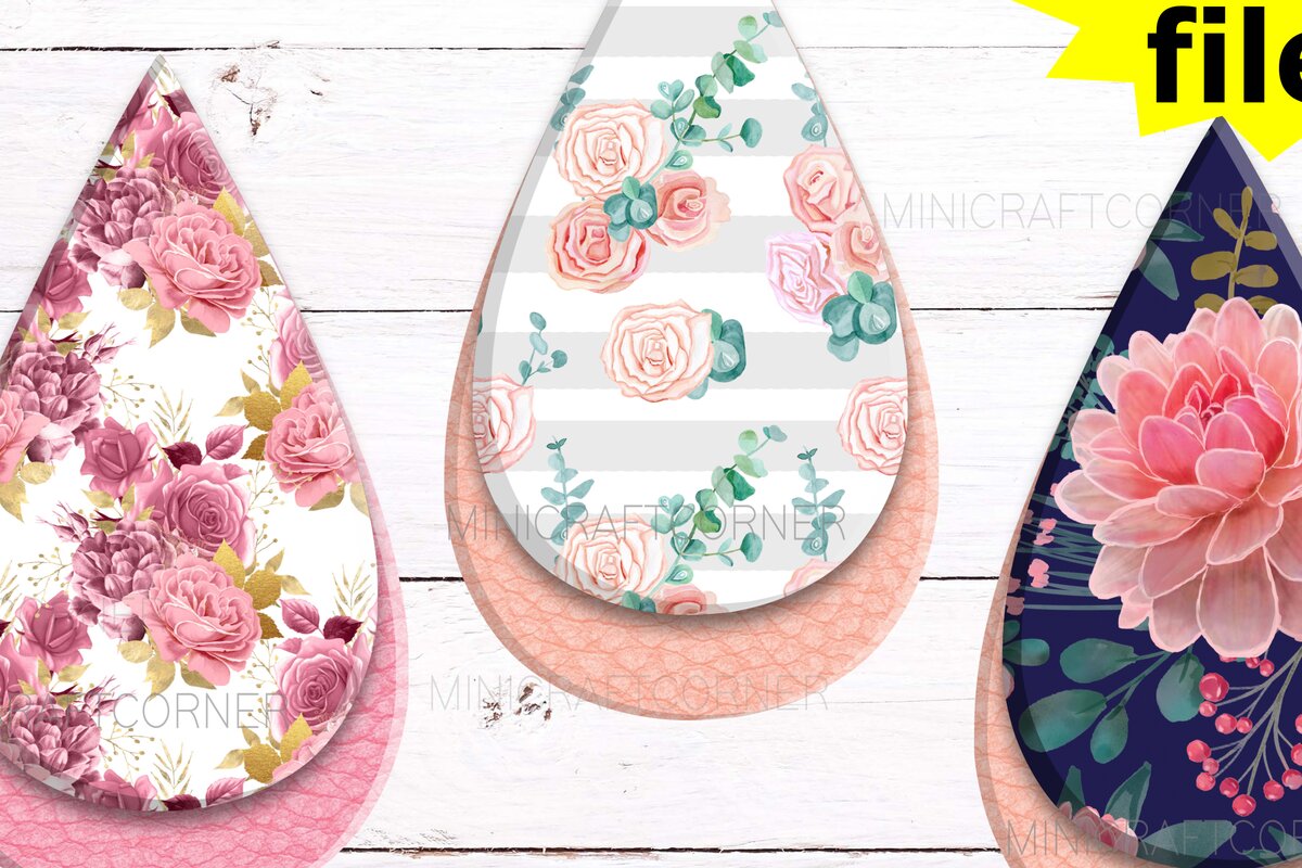 Σετ των 3 Intra απο ξύλο plywood 3mm-4mm πάχος – Σκουλαρίκια με λουλουδάτο ροζ και ναυτικό και λέιζερ Δίασταση  5x5 cm INTRAFABR-14119332