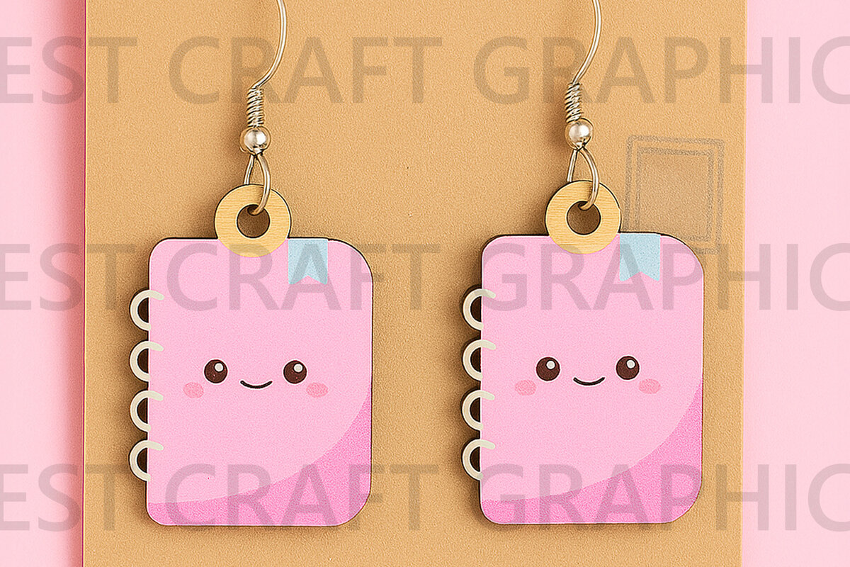 Σετ των 3 Intra απο ξύλο plywood 3mm-4mm πάχος – Pink Notebook Earrings – Study Time Δίασταση  5x5 cm INTRAFABR-124956755