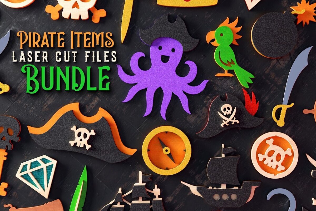 Σετ των 2 Intra απο ξύλο plywood 3mm-4mm πάχος – Πακέτο αντικειμένων πειρατών | Αρχεία κοπής με λέιζερ Δίασταση  20x20 cm INTRAFABR-32375201