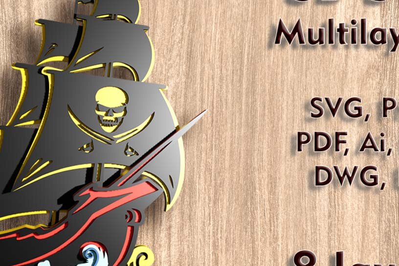 Σετ των 2 Intra απο ξύλο plywood 3mm-4mm πάχος – Αρχείο λέιζερ 3D Pirate Ship Δίασταση  20x20 cm INTRAFABR-109489372