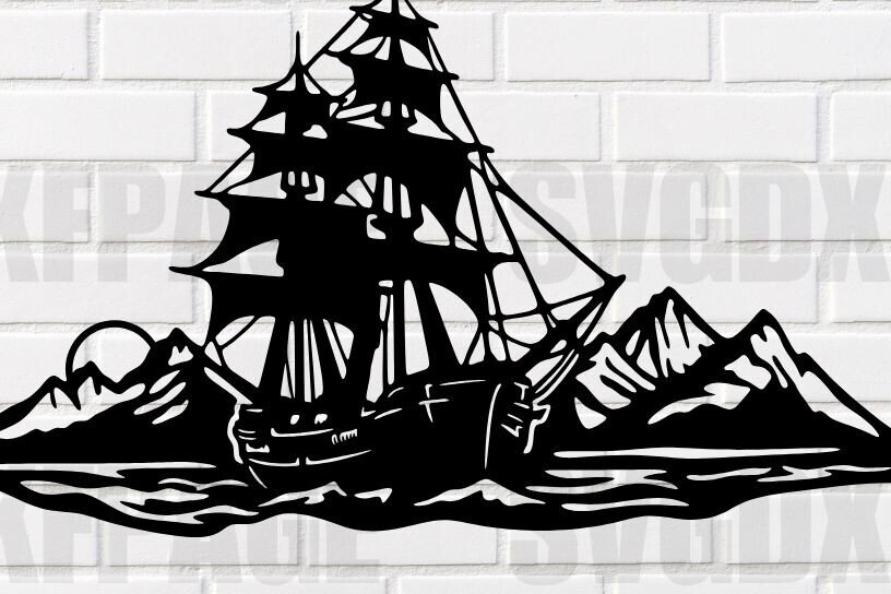 Σετ των 2 Intra απο ξύλο plywood 3mm-4mm πάχος – Αρχείο κοπής με λέιζερ Pirate Ship at Sea Δίασταση  20x20 cm INTRAFABR-115222649