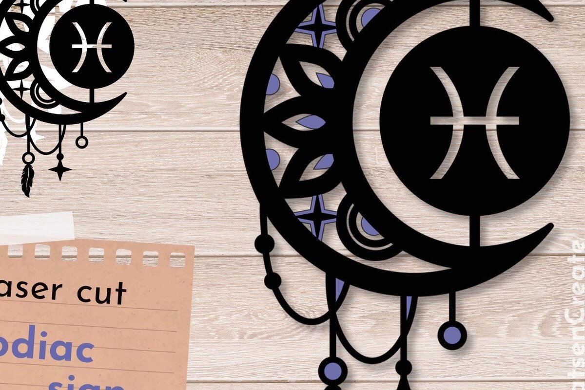 Σετ των 2 Intra απο ξύλο plywood 3mm-4mm πάχος – Ζώδιο Ιχθύς, Ονειροπαγίδα Δίασταση  20x20 cm INTRAFABR-66518363