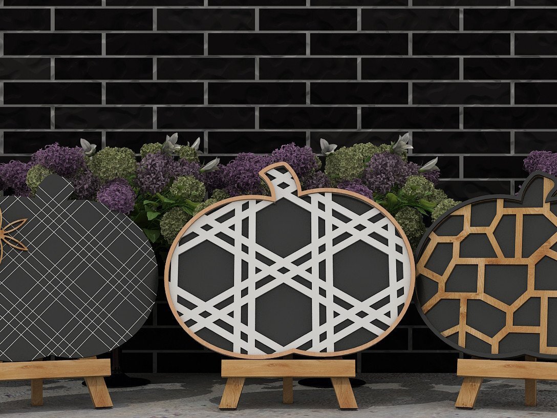 Σετ των 2 Intra απο ξύλο plywood 3mm-4mm πάχος – Διακόσμηση με καρό και λουλουδάτο  κολοκύθας Δίασταση  20x20 cm INTRAFABR-39421466