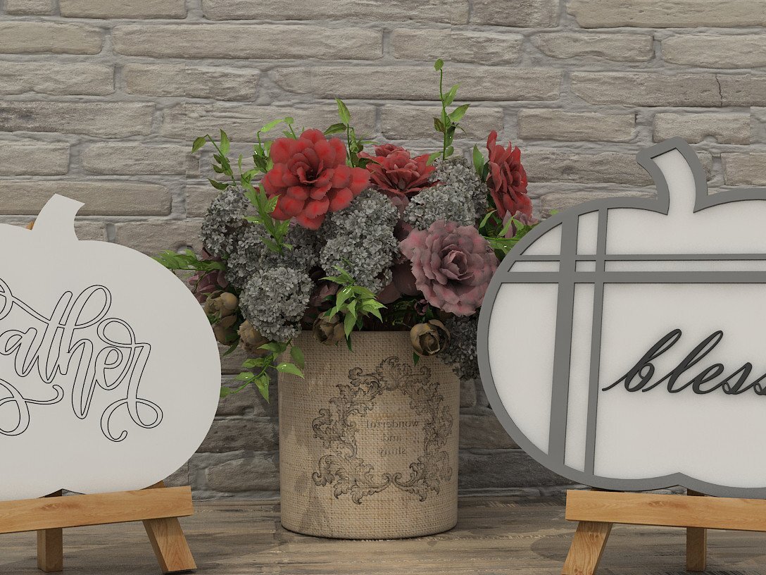 Σετ των 2 Intra απο ξύλο plywood 3mm-4mm πάχος – Καρό &amp; λουλουδάτη κολοκύθα για καβαλέτο Δίασταση  20x20 cm INTRAFABR-39419789