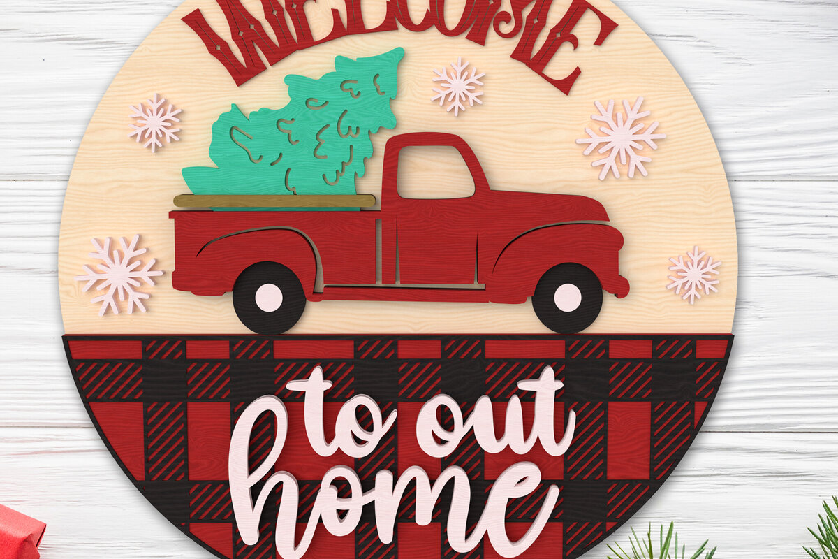 Σετ των 2 Intra απο ξύλο plywood 3mm-4mm πάχος – Καρό φορτηγό καλωσορίσματος Χριστουγεννιάτικη πινακίδα Δίασταση  20x20 cm INTRAFABR-107375919