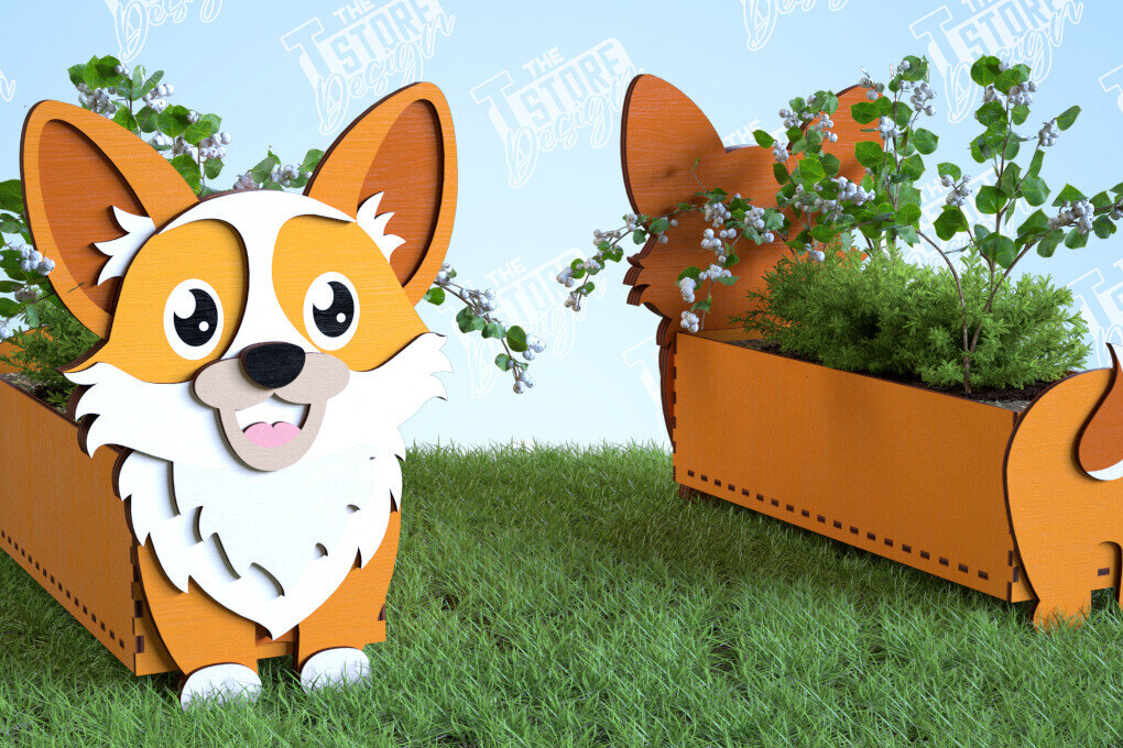 Σετ των 2 Intra απο ξύλο plywood 3mm-4mm πάχος – Φυτευτής Corgi | Στήριγμα λουλουδιών | Αρχείο CNC Δίασταση  20x20 cm INTRAFABR-99140455