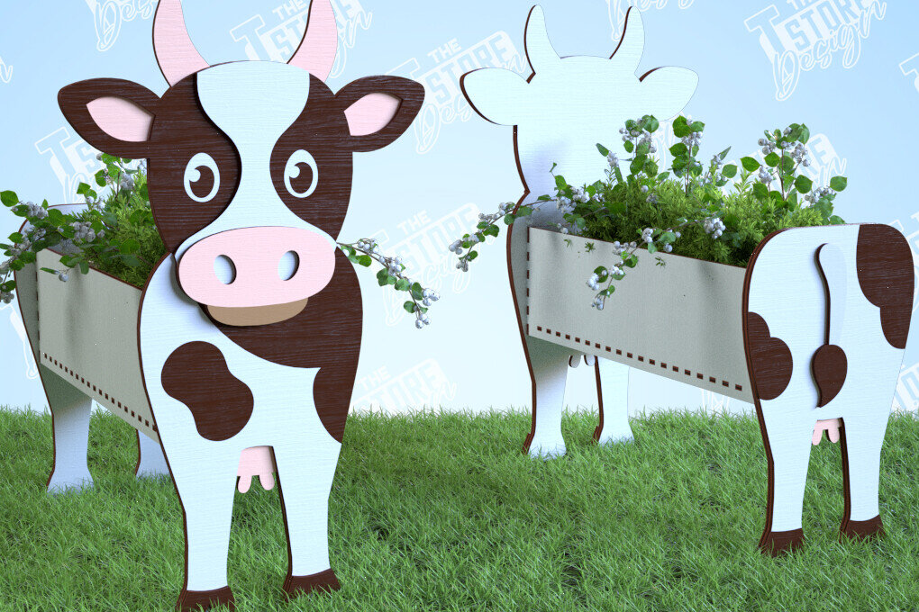 Σετ των 2 Intra απο ξύλο plywood 3mm-4mm πάχος – Αγελάδα φυτευτή | Στήριγμα λουλουδιών | Αρχείο CNC Δίασταση  20x20 cm INTRAFABR-99140425