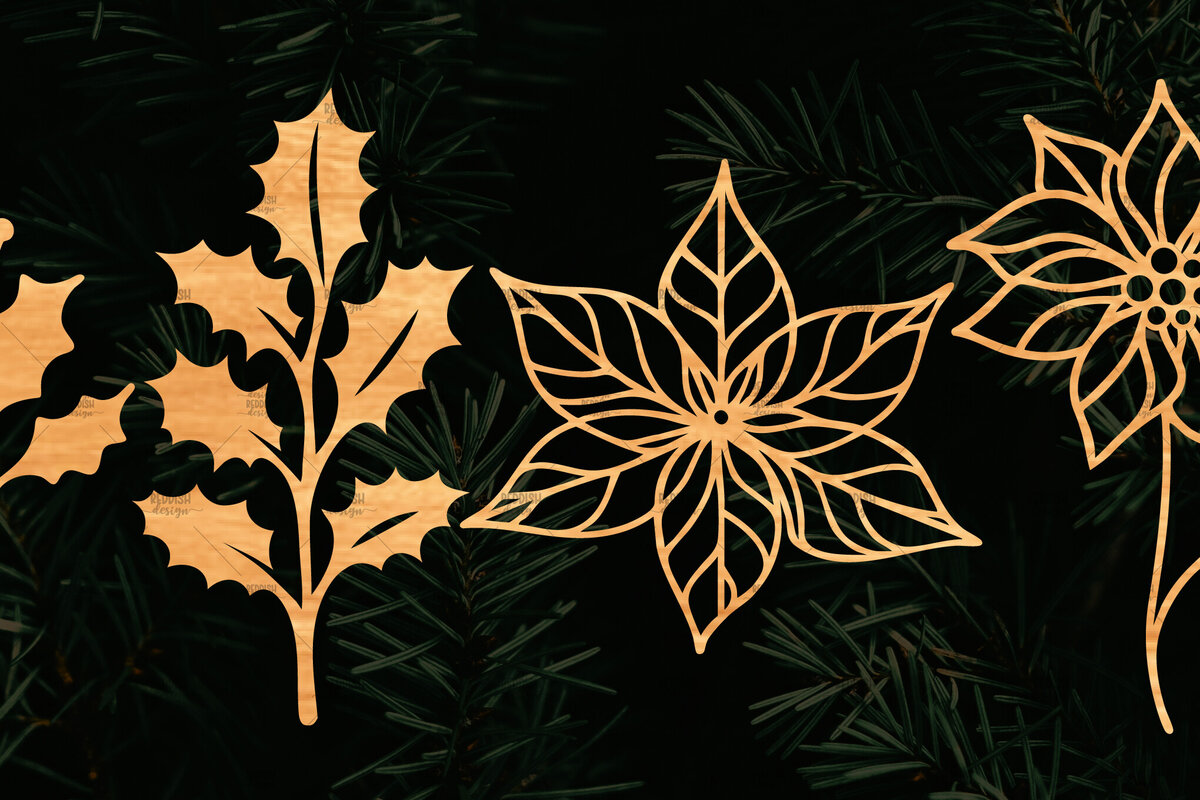 Σετ των 2 Intra απο ξύλο plywood 3mm-4mm πάχος – Λουλούδι Poinsettia Cut Laser Δίασταση  20x20 cm INTRAFABR-111693285