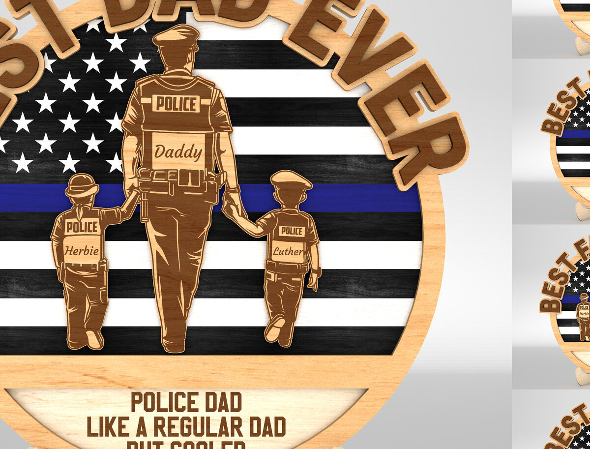 Σετ των 2 Intra απο ξύλο plywood 3mm-4mm πάχος – Αστυνομικός μπαμπάς και παιδιά Σήμα σημαίας ΗΠΑ Δίασταση  20x20 cm INTRAFABR-99991834