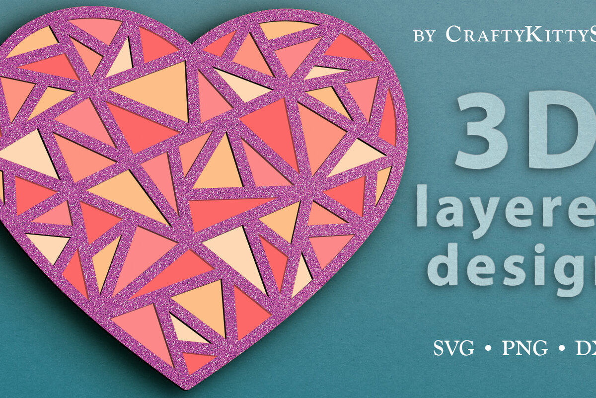 Σετ των 2 Intra απο ξύλο plywood 3mm-4mm πάχος – Polygonal Valentine Heart 3D Layered Δίασταση  20x20 cm INTRAFABR-24672338