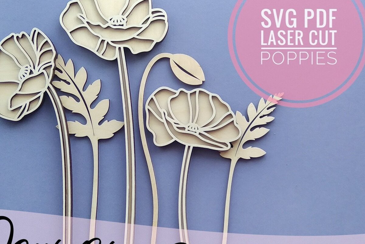 Σετ των 2 Intra απο ξύλο plywood 3mm-4mm πάχος – Λουλούδι κομμένο με λέιζερ Poppy Δίασταση  20x20 cm INTRAFABR-33675358