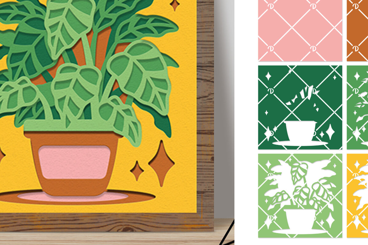 Σετ των 2 Intra απο ξύλο plywood 3mm-4mm πάχος – Φυτά σε γλάστρες 3D Shadow Box Χαρτί κοπής Δίασταση  20x20 cm INTRAFABR-76840433