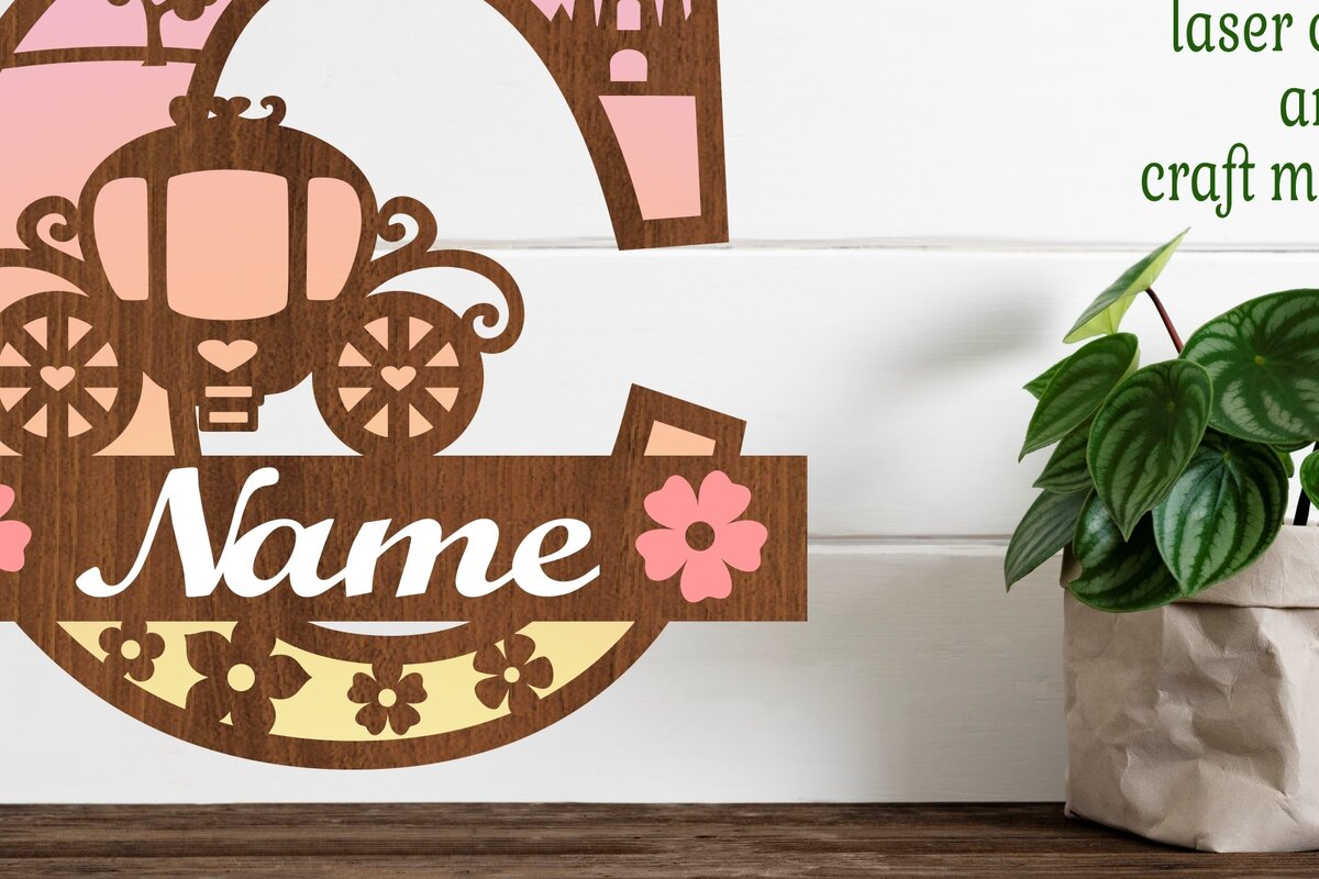 Σετ των 2 Intra απο ξύλο plywood 3mm-4mm πάχος – Πριγκίπισσα Μονόγραμμα Γράμμα C Αποκοπή αρχείου Δίασταση  20x20 cm INTRAFABR-76567889