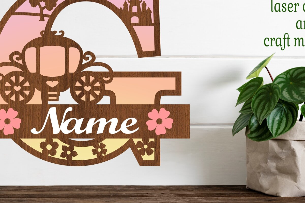 Σετ των 2 Intra απο ξύλο plywood 3mm-4mm πάχος – Πριγκίπισσα Μονόγραμμα Γράμμα G Αποκοπή αρχείου Δίασταση  20x20 cm INTRAFABR-76567986