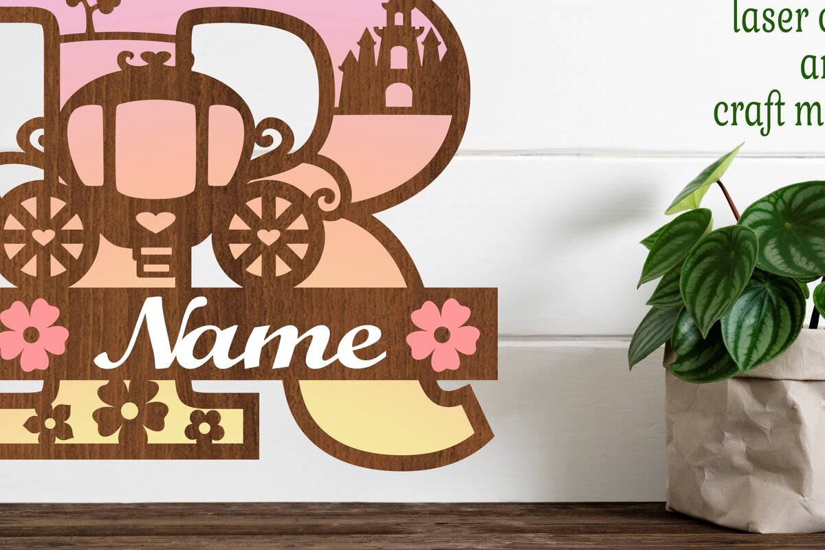 Σετ των 2 Intra απο ξύλο plywood 3mm-4mm πάχος – Αρχείο κομμένου γράμματος Princess Monogram Letter R Δίασταση  20x20 cm INTRAFABR-76568254