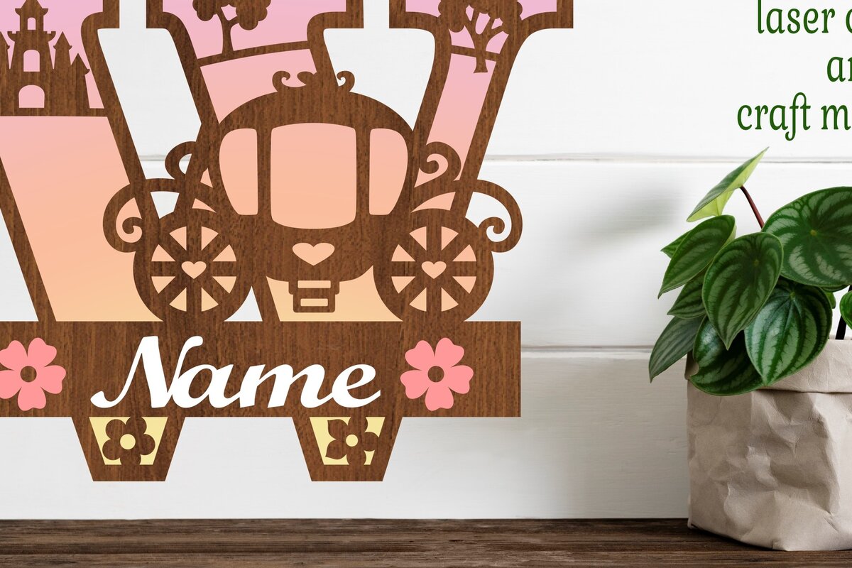 Σετ των 2 Intra απο ξύλο plywood 3mm-4mm πάχος – Πριγκίπισσα Μονόγραμμα Επιστολή W Δίασταση  20x20 cm INTRAFABR-76568385