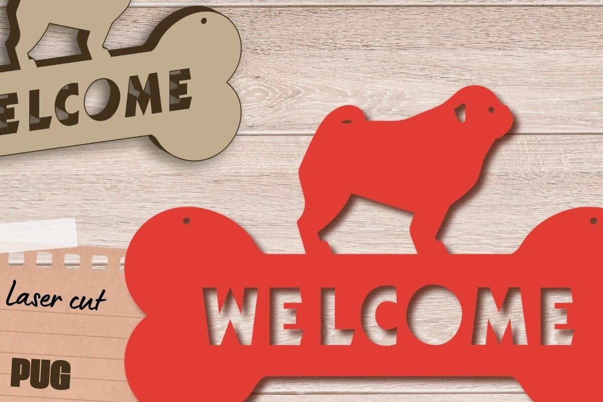 Σετ των 2 Intra απο ξύλο plywood 3mm-4mm πάχος – Σήμα καλωσορίσματος PUG Dog, Σημάδι Dog Lover Δίασταση  20x20 cm INTRAFABR-84987502
