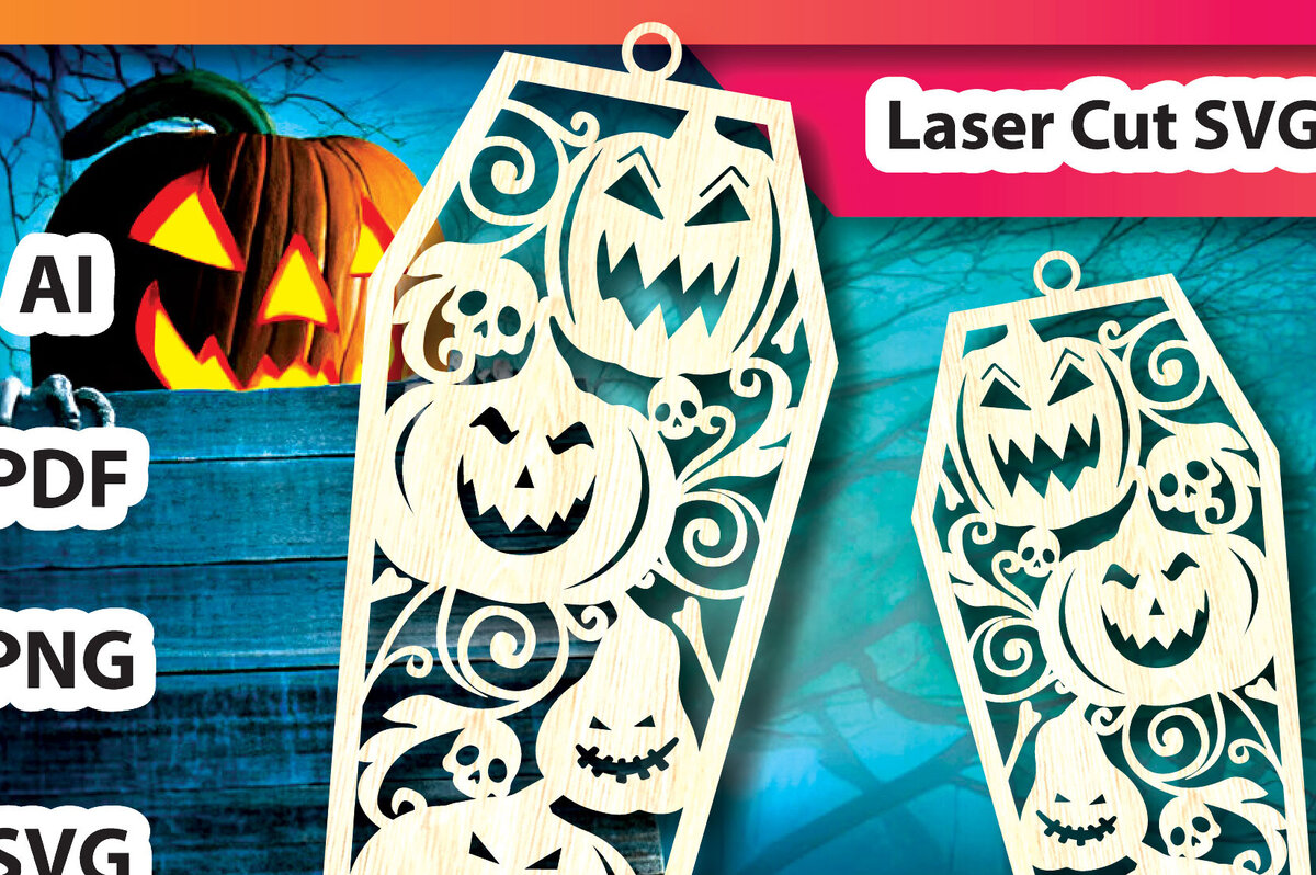 Σετ των 2 Intra απο ξύλο plywood 3mm-4mm πάχος – Κολοκύθα σε φέρετρο αποκριάτικα στολίδια Δίασταση  20x20 cm INTRAFABR-104601886