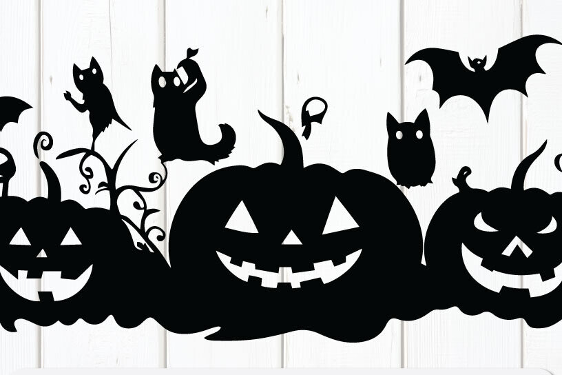 Σετ των 2 Intra απο ξύλο plywood 3mm-4mm πάχος – "Κολοκύθες με γάτες, νυχτερίδες &amp; φαντάσματα" Δίασταση  20x20 cm INTRAFABR-103164243