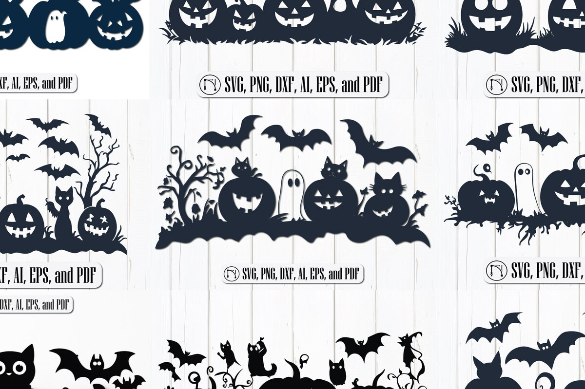 Σετ των 2 Intra απο ξύλο plywood 3mm-4mm πάχος – Σετ "Pumpkins, Cats, Bats &amp; Ghosts". Δίασταση  20x20 cm INTRAFABR-103171382