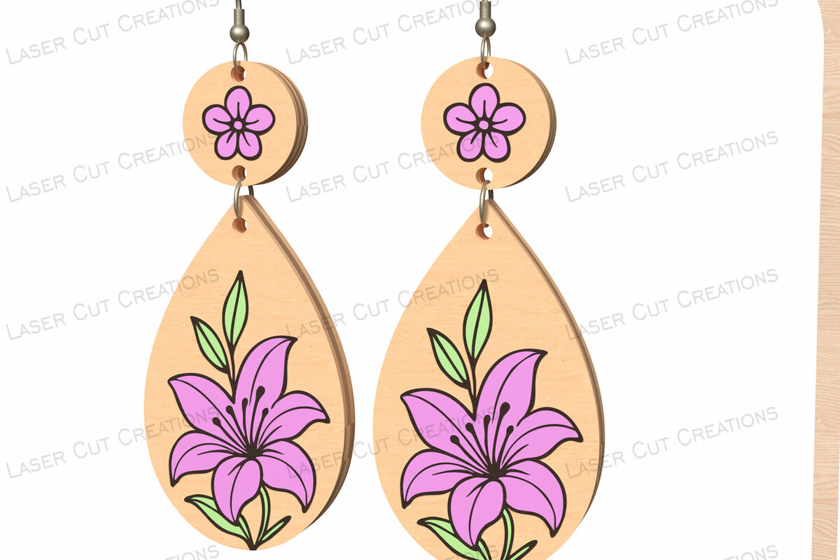 Σετ των 3 Intra απο ξύλο plywood 3mm-4mm πάχος – Μωβ Lily Teardrop Σκουλαρίκια Δίασταση  5x5 cm INTRAFABR-124634127