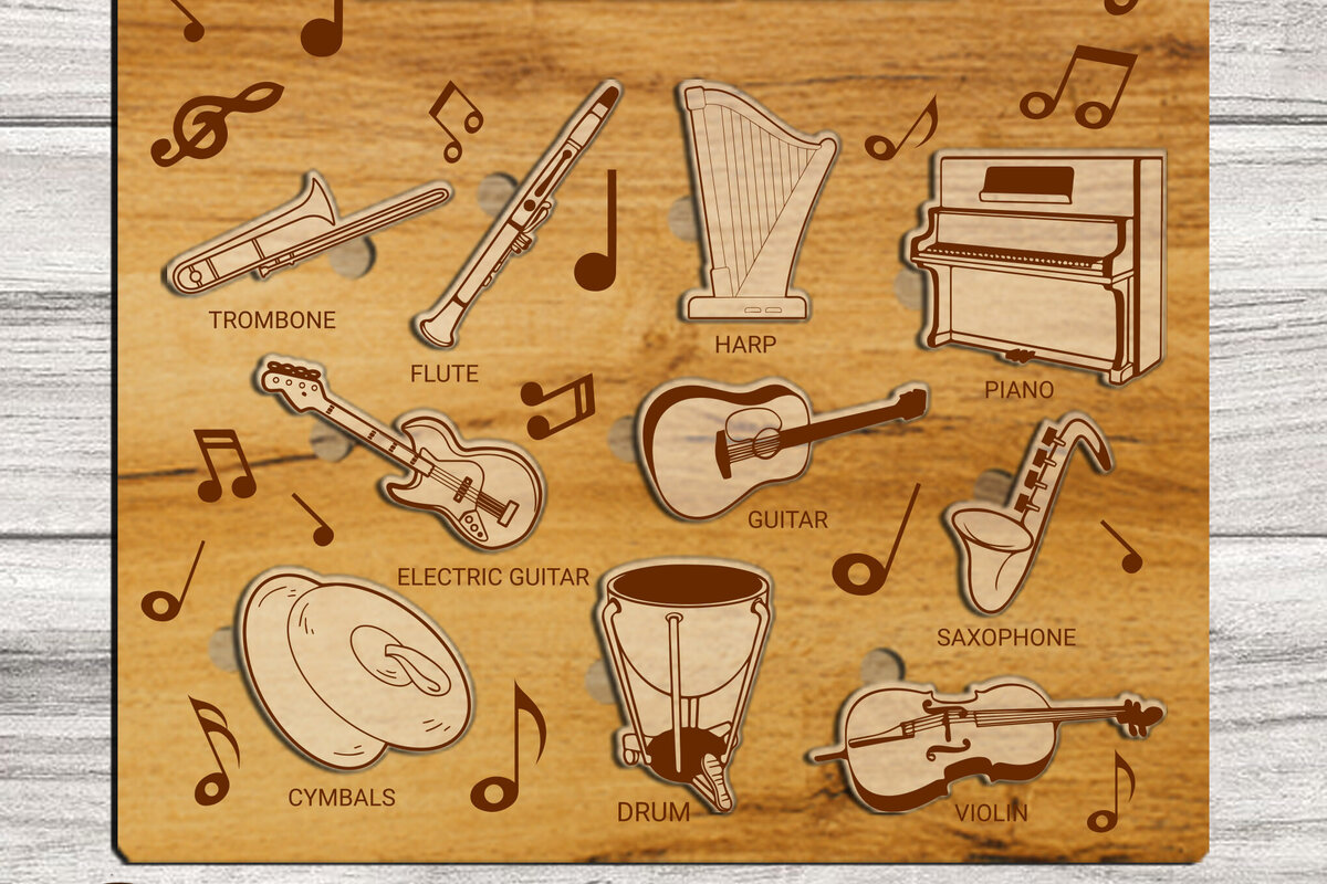 Σετ των 2 Intra απο ξύλο plywood 3mm-4mm πάχος – Παζλ για Παιδιά με Μουσικά Όργανα Δίασταση  20x20 cm INTRAFABR-86686420