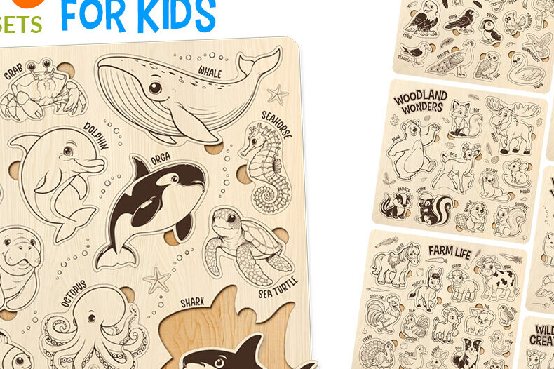 Σετ των 2 Intra απο ξύλο plywood 3mm-4mm πάχος – Σετ παζλ για παιδιά Αρχείο κοπής με λέιζερ Δίασταση  20x20 cm INTRAFABR-98526423