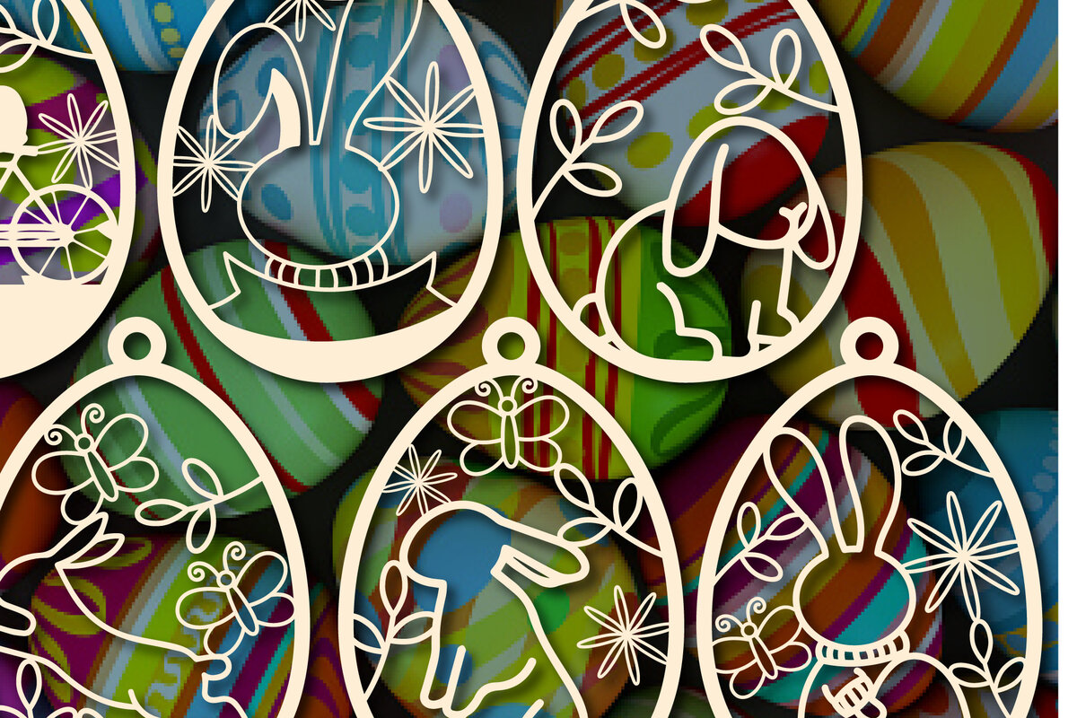 Σετ των 2 Intra απο ξύλο plywood 3mm-4mm πάχος – Κουνέλι και λουλούδια στο πασχαλινό αυγό Δίασταση  20x20 cm INTRAFABR-28668954