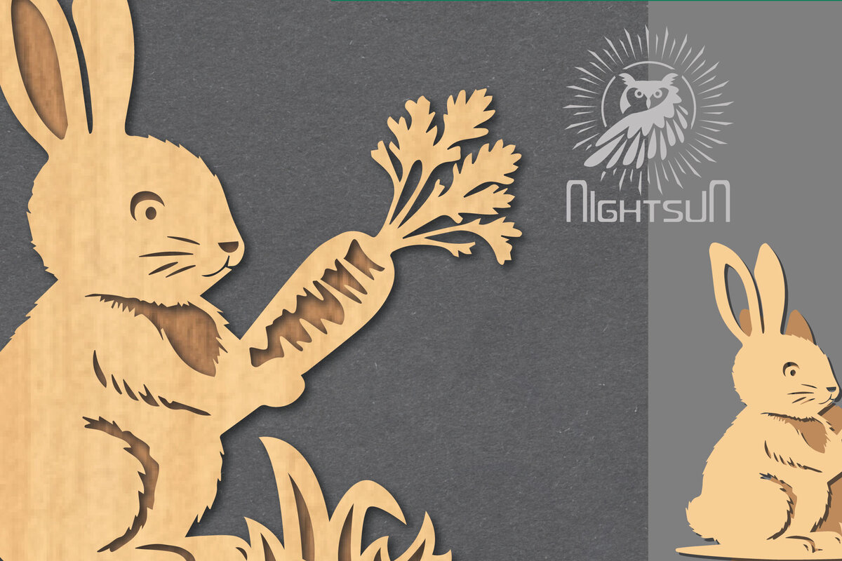 Σετ των 2 Intra απο ξύλο plywood 3mm-4mm πάχος – Διακόσμηση με λέιζερ κουνέλι με καρότα Δίασταση  20x20 cm INTRAFABR-117328483