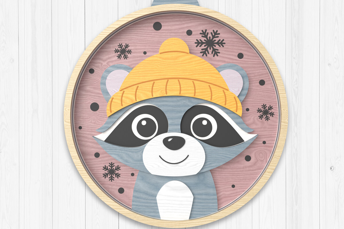 Σετ των 2 Intra απο ξύλο plywood 3mm-4mm πάχος – Χειμερινό στολίδι ρακούν με λέιζερ Δίασταση  20x20 cm INTRAFABR-106511756