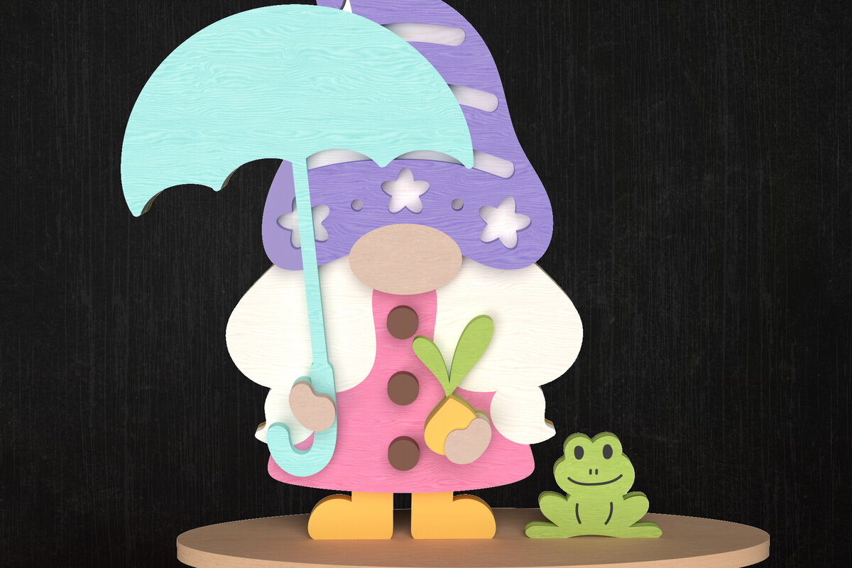 Σετ των 2 Intra απο ξύλο plywood 3mm-4mm πάχος – Rainy Day Gnome με διακόσμηση βατράχων Δίασταση  20x20 cm INTRAFABR-113514135