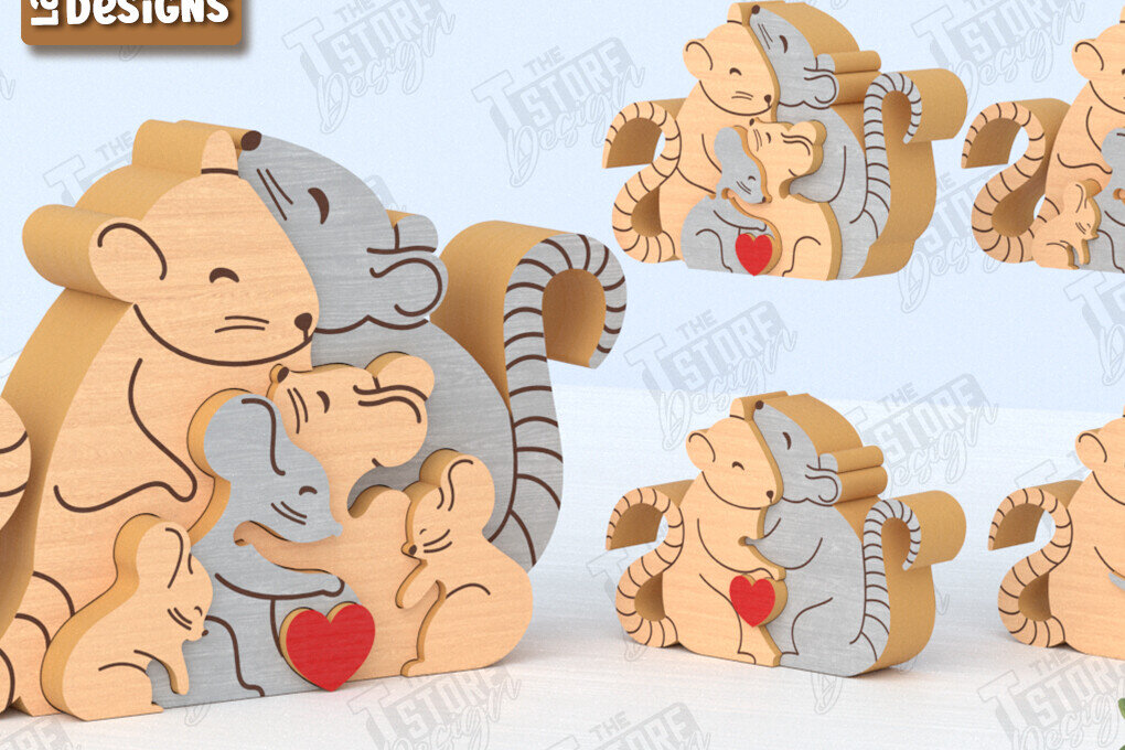 Σετ των 2 Intra απο ξύλο plywood 3mm-4mm πάχος – Πακέτο κοπής με λέιζερ παζλ Rats Family | CNC Δίασταση  20x20 cm INTRAFABR-119955341