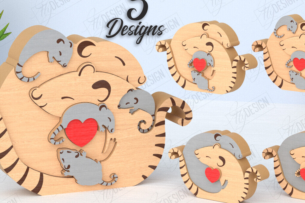 Σετ των 2 Intra απο ξύλο plywood 3mm-4mm πάχος – Πακέτο κοπής με λέιζερ παζλ Rats Family | CNC Δίασταση  20x20 cm INTRAFABR-119896300