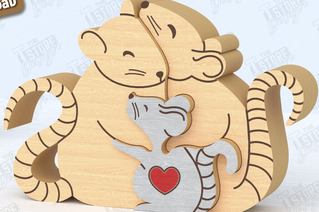 Σετ των 2 Intra απο ξύλο plywood 3mm-4mm πάχος – Οικογενειακό παζλ Αρουραίων Κοπή λέιζερ | Αρχείο CNC Δίασταση  20x20 cm INTRAFABR-119952447