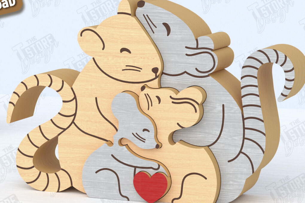 Σετ των 2 Intra απο ξύλο plywood 3mm-4mm πάχος – Οικογενειακό παζλ Αρουραίων Κοπή λέιζερ | Αρχείο CNC Δίασταση  20x20 cm INTRAFABR-119952450