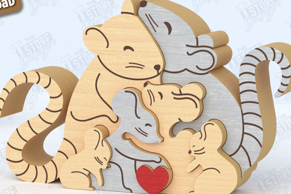 Σετ των 2 Intra απο ξύλο plywood 3mm-4mm πάχος – Οικογενειακό παζλ Αρουραίων Κοπή λέιζερ | Αρχείο CNC Δίασταση  20x20 cm INTRAFABR-119952460