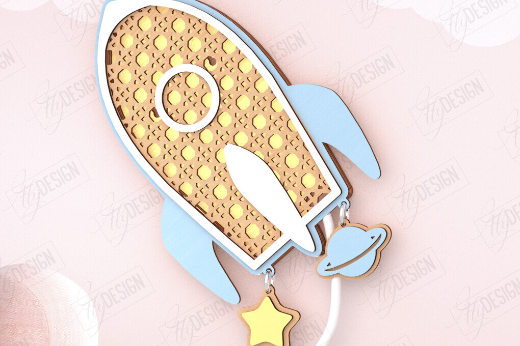 Σετ των 2 Intra απο ξύλο plywood 3mm-4mm πάχος – Παιδική λάμπα Rattan | Πύραυλος |CNC Δίασταση  20x20 cm INTRAFABR-121357907