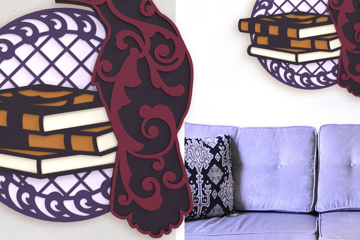 Σετ των 2 Intra απο ξύλο plywood 3mm-4mm πάχος – Raven and Books Layered Art Δίασταση  20x20 cm INTRAFABR-37030391