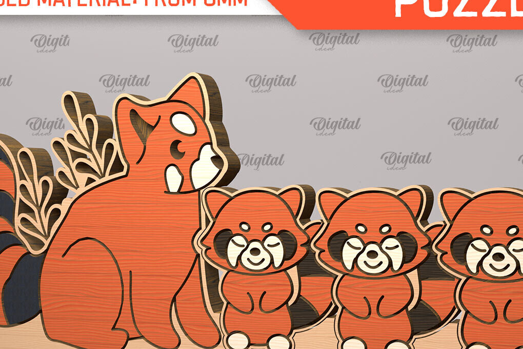 Σετ των 2 Intra απο ξύλο plywood 3mm-4mm πάχος – Red Panda Family Puzzle Δίασταση  20x20 cm INTRAFABR-99619275