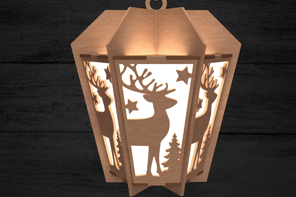 Σετ των 2 Intra απο ξύλο plywood 3mm-4mm πάχος – Χριστουγεννιάτικο φανάρι με λέιζερ τάρανδος Δίασταση  20x20 cm INTRAFABR-108902584