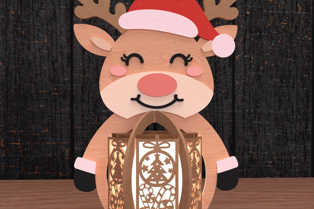 Σετ των 2 Intra απο ξύλο plywood 3mm-4mm πάχος – Χριστουγεννιάτικη διακόσμηση φαναριού ταράνδων Δίασταση  20x20 cm INTRAFABR-108066434