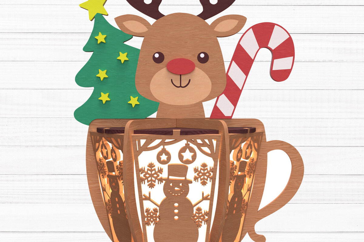 Σετ των 2 Intra απο ξύλο plywood 3mm-4mm πάχος – Αρχείο Reindeer Mug Lantern Δίασταση  20x20 cm INTRAFABR-109837348