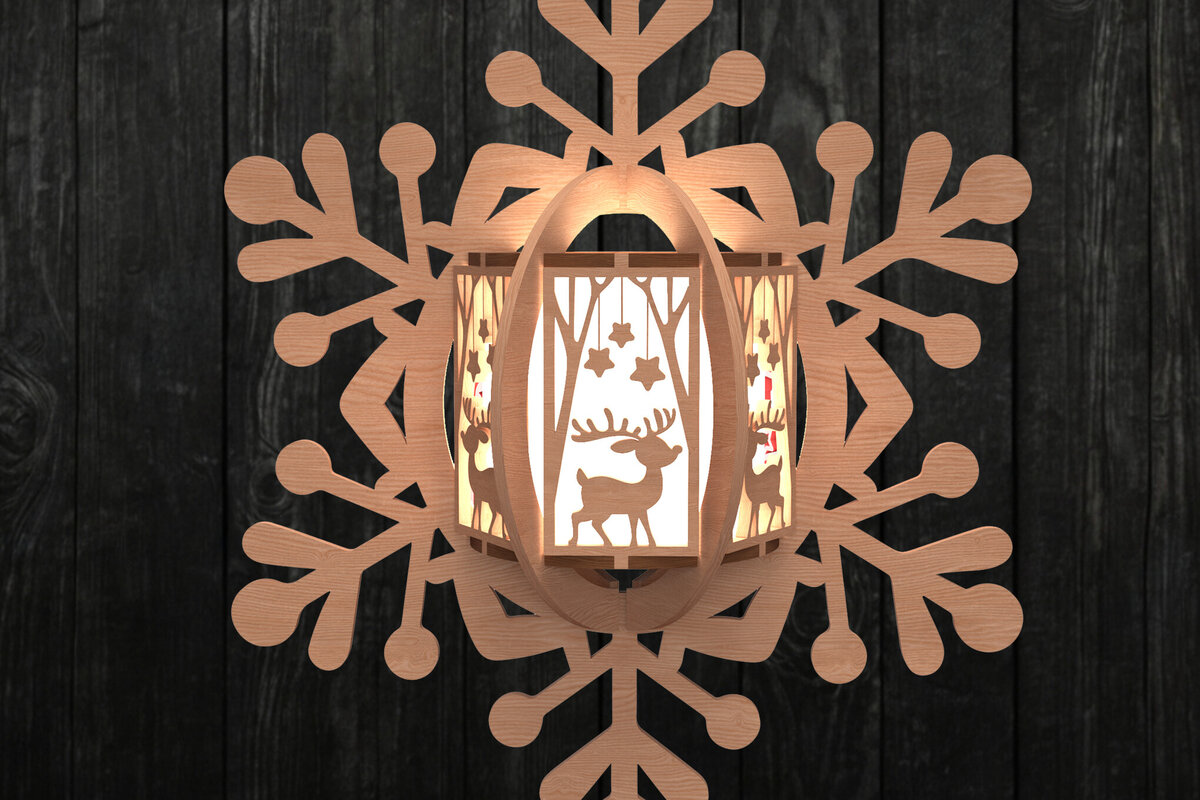 Σετ των 2 Intra απο ξύλο plywood 3mm-4mm πάχος – Στολίδι με φανάρι με νιφάδες χιονιού Δίασταση  20x20 cm INTRAFABR-109536720