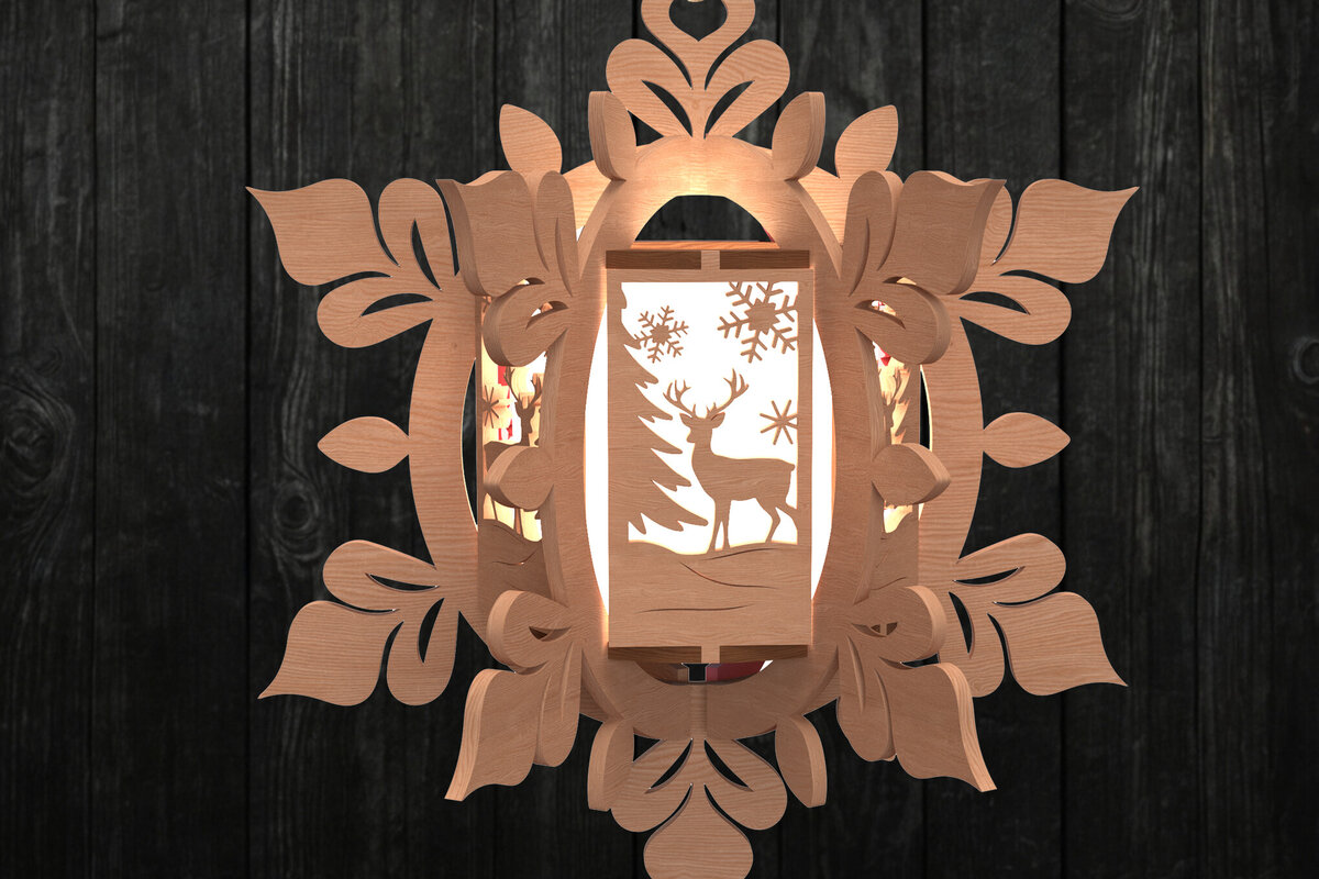 Σετ των 2 Intra απο ξύλο plywood 3mm-4mm πάχος – Reindeer Snowflake Lantern Δίασταση  20x20 cm INTRAFABR-111000707