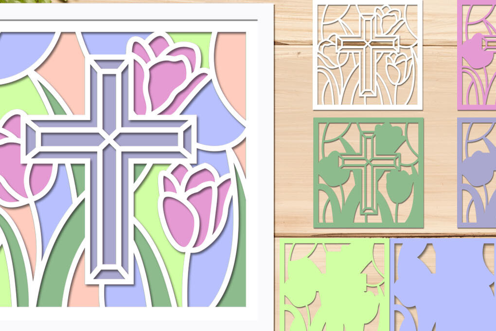 Σετ των 2 Intra απο ξύλο plywood 3mm-4mm πάχος – Θρησκευτικός σταυρός με λουλούδια σκιά κουτί Δίασταση  20x20 cm INTRAFABR-66141632