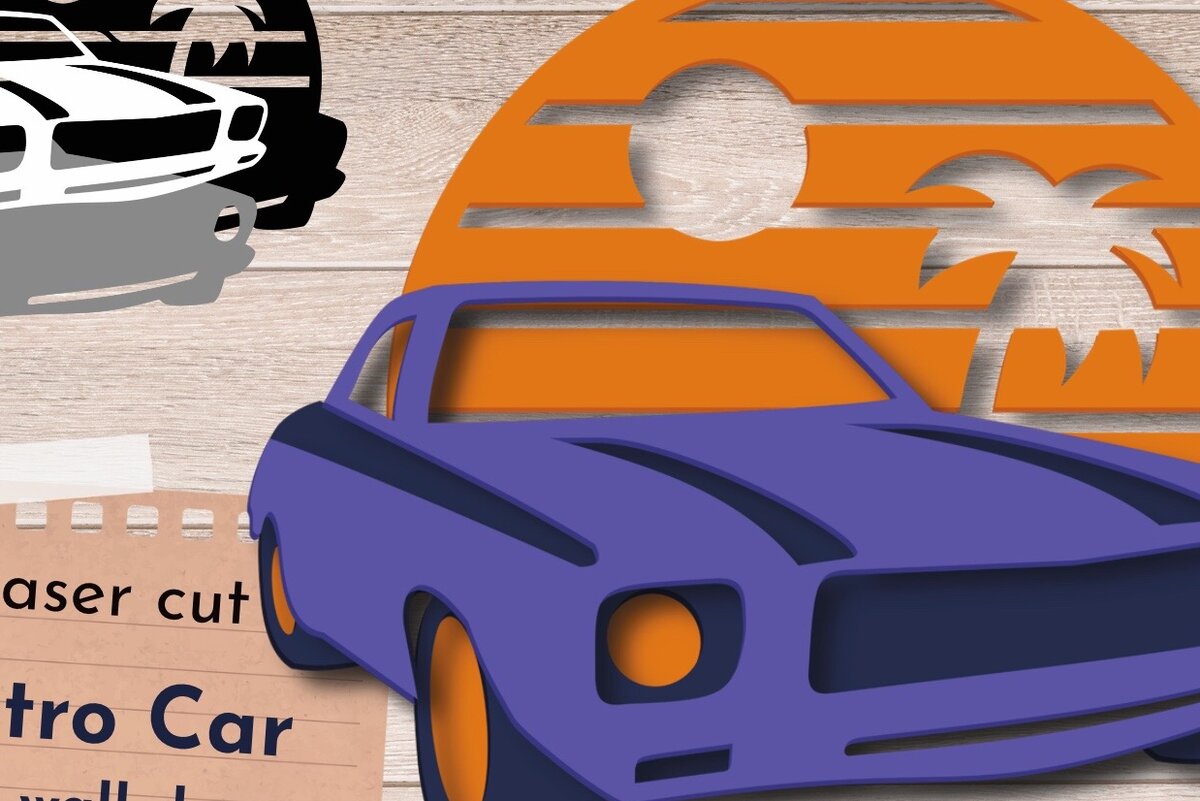 Σετ των 2 Intra απο ξύλο plywood 3mm-4mm πάχος – Retro Car 3D Layered Art, Vintage Δίασταση  20x20 cm INTRAFABR-62212076