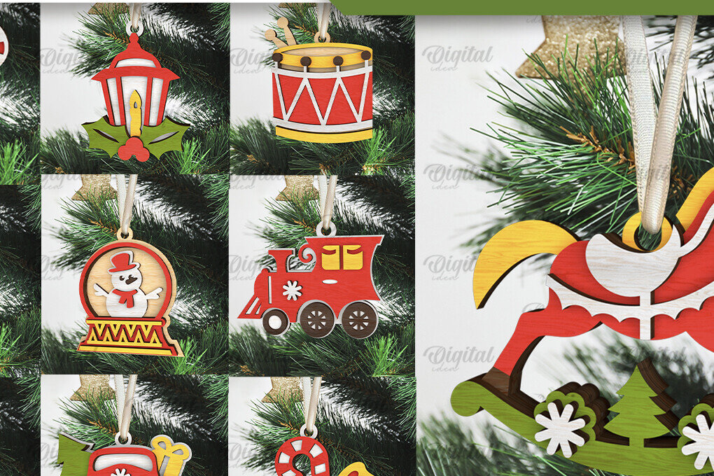 Σετ των 2 Intra απο ξύλο plywood 3mm-4mm πάχος – Ρετρό χριστουγεννιάτικο στολίδι LaserCut Πακέτο Δίασταση  20x20 cm INTRAFABR-105939535